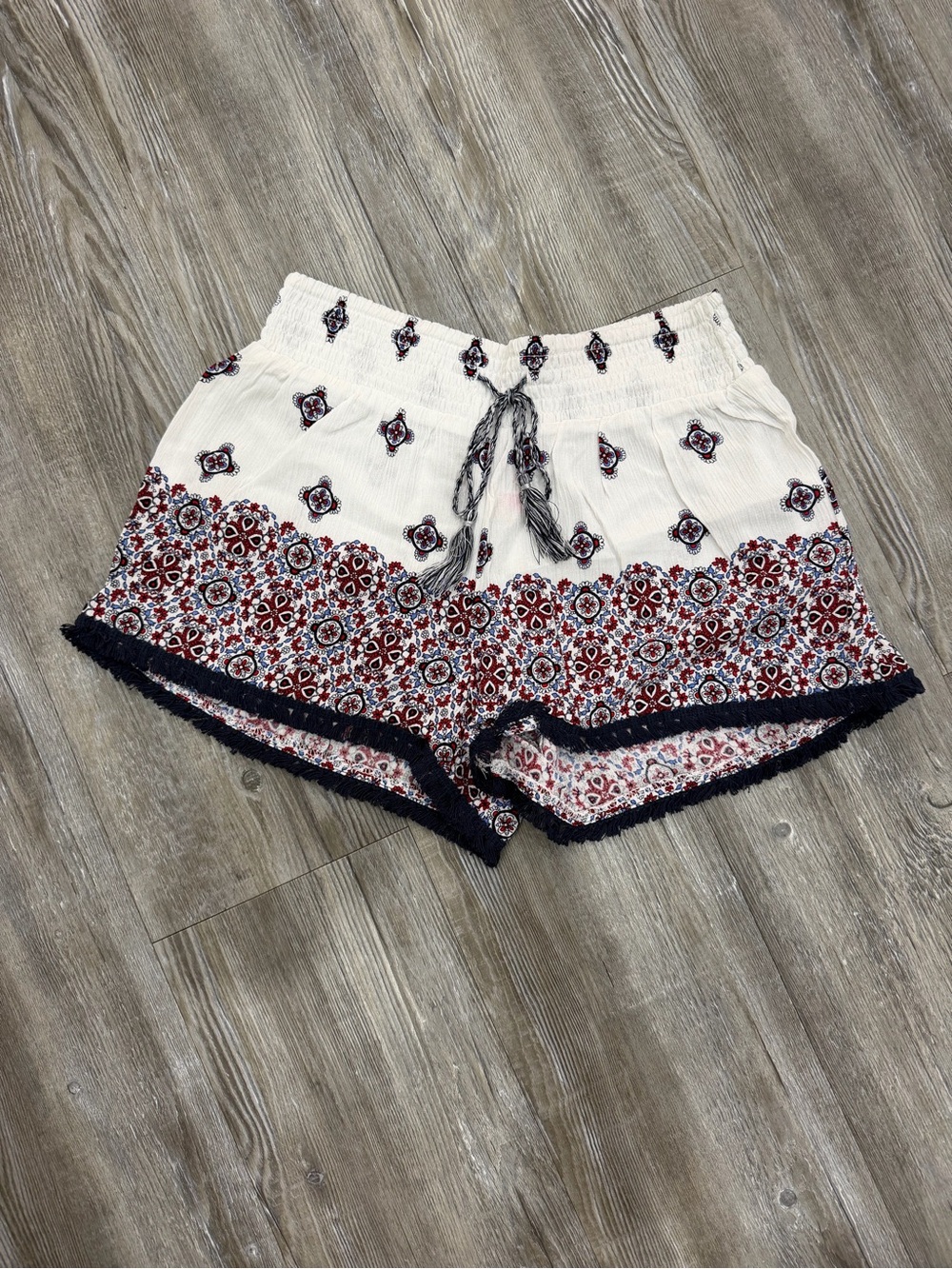 No Boundaries White Printed Drawstring Athletic Shorts with Red & Black Trim